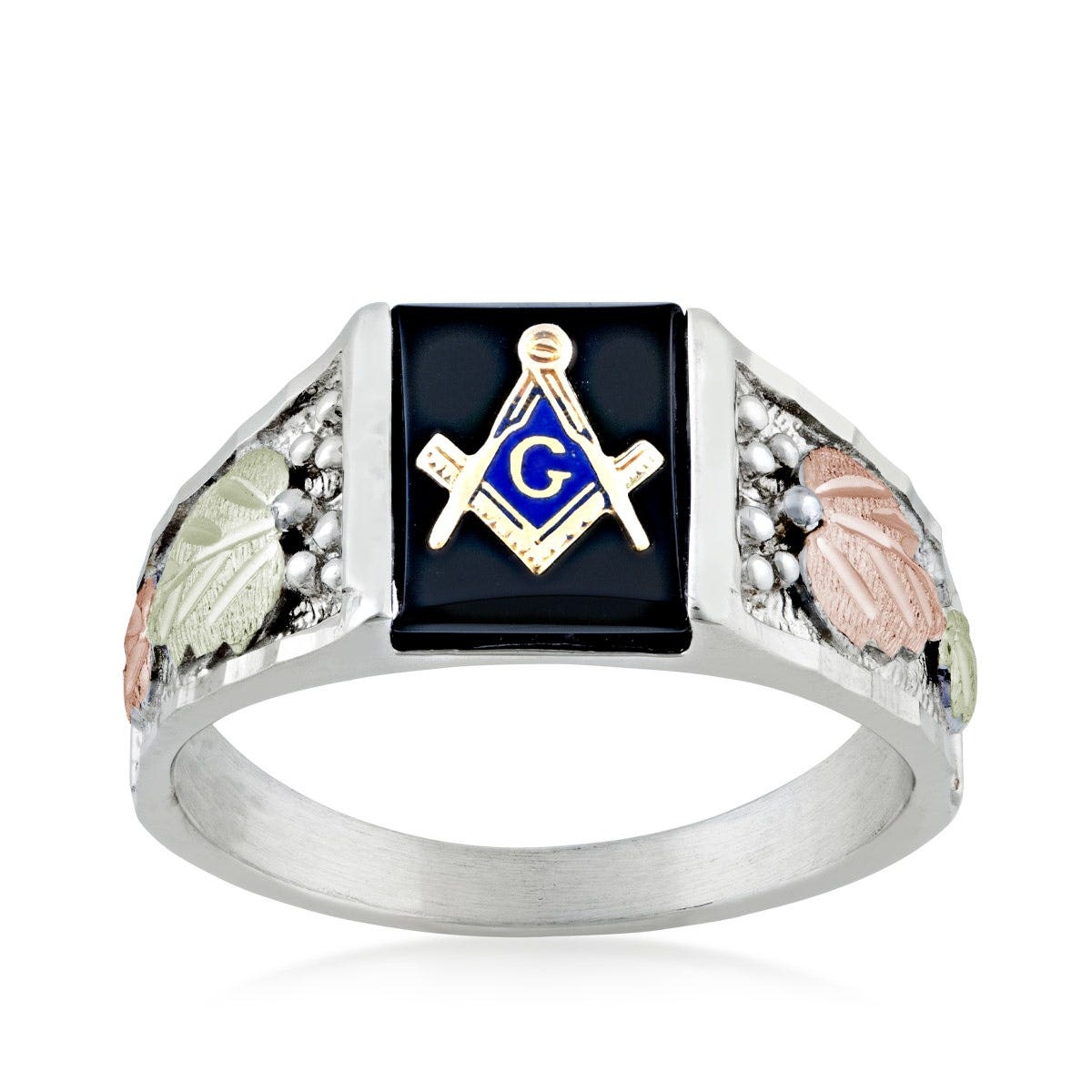 Mt. Rushmore Black Hills Gold Men's Rectangle Onyx Masonic Ring in Sterling Silver