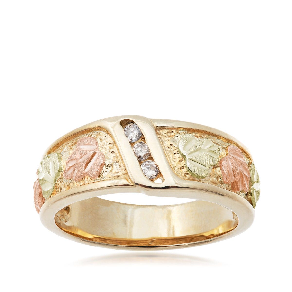 10K yellow gold Black Hills Gold men's three stone diamond accent channel set wedding ring