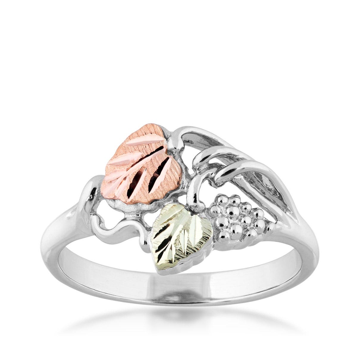 sterling silver grapevine ring with pink and green gold leaves