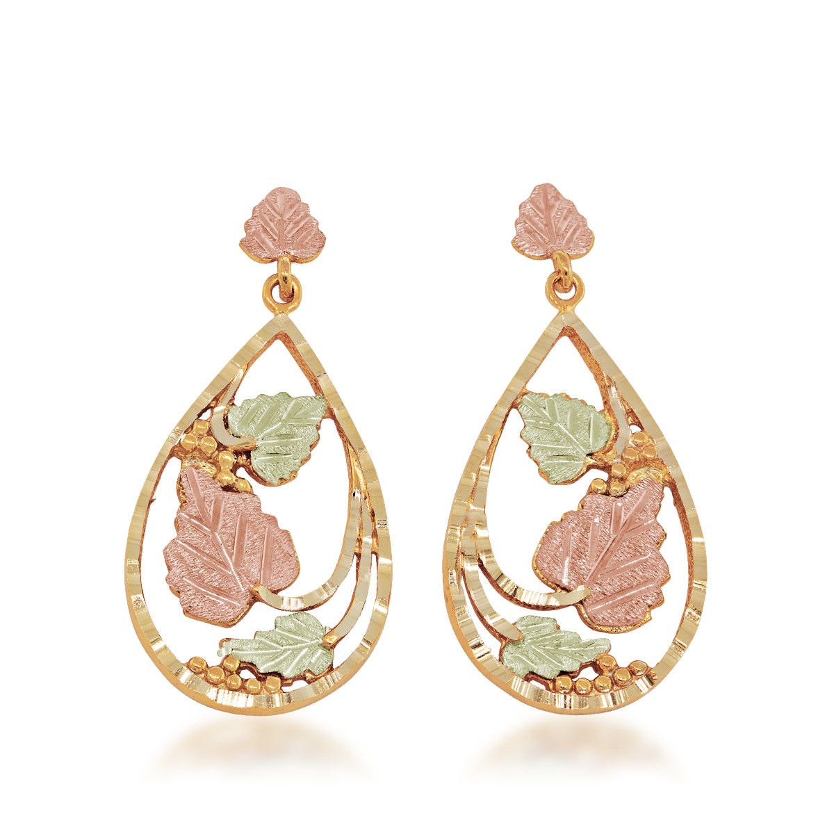 Mt. Rushmore Black Hills Gold Diamond Cut Grapevine & Leaf Teardrop Dangle Earrings in 10K Yellow Gold