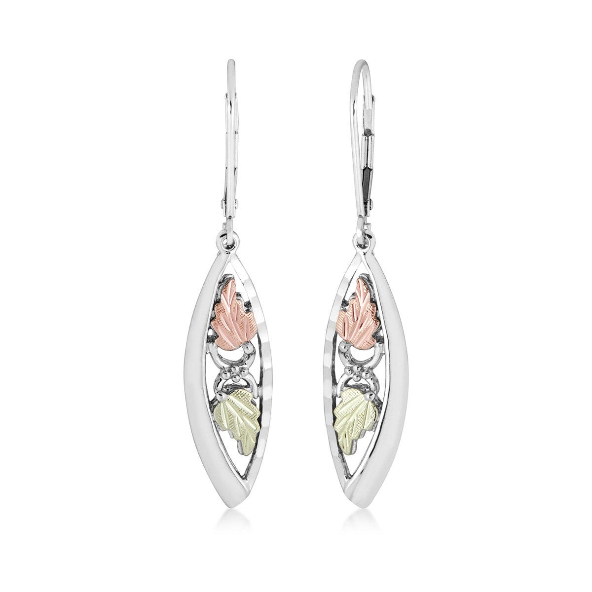 sterling silver Black Hills Gold diamond cut marquise dangle leaf earrings