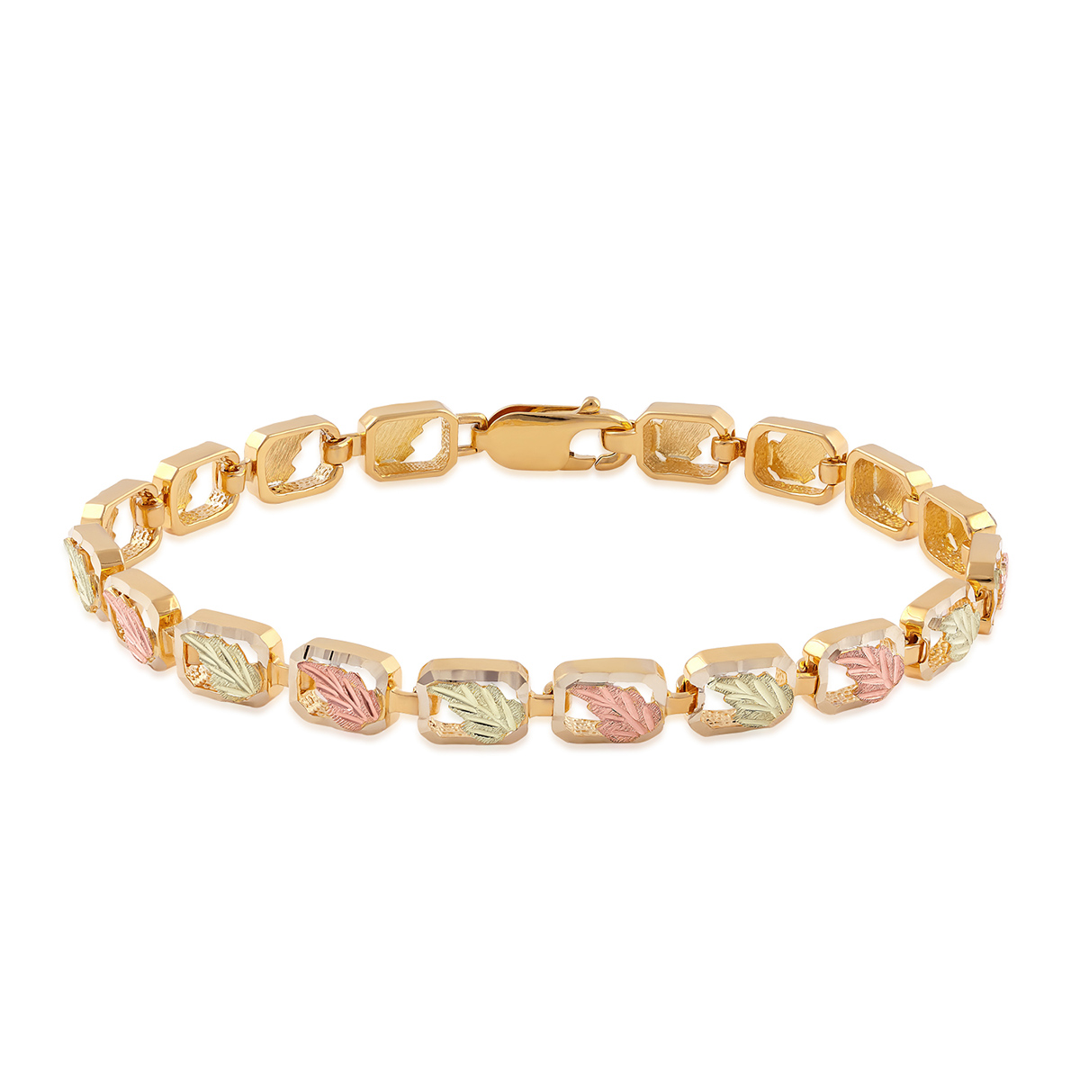 10K yellow gold Black Hills Gold 6mm 7.25" leaf cut-out link bracelet