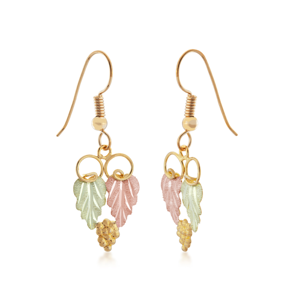 10K yellow gold Black Hills Gold double leaf and vine loop dangle earrings