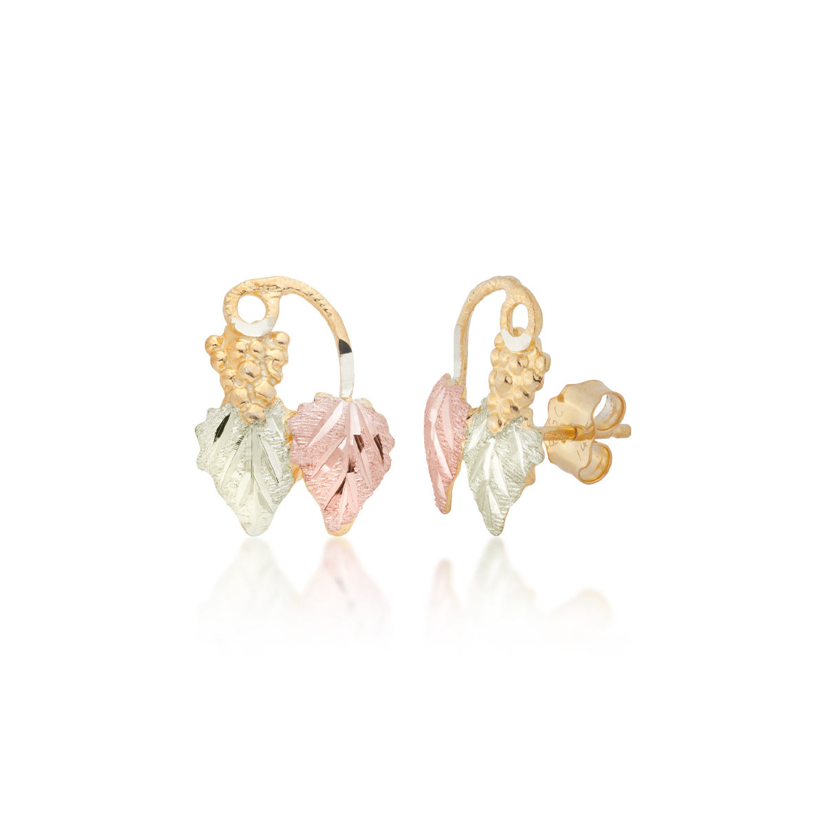 10K yellow gold Black Hills Gold double leaf loop grapevine earrings