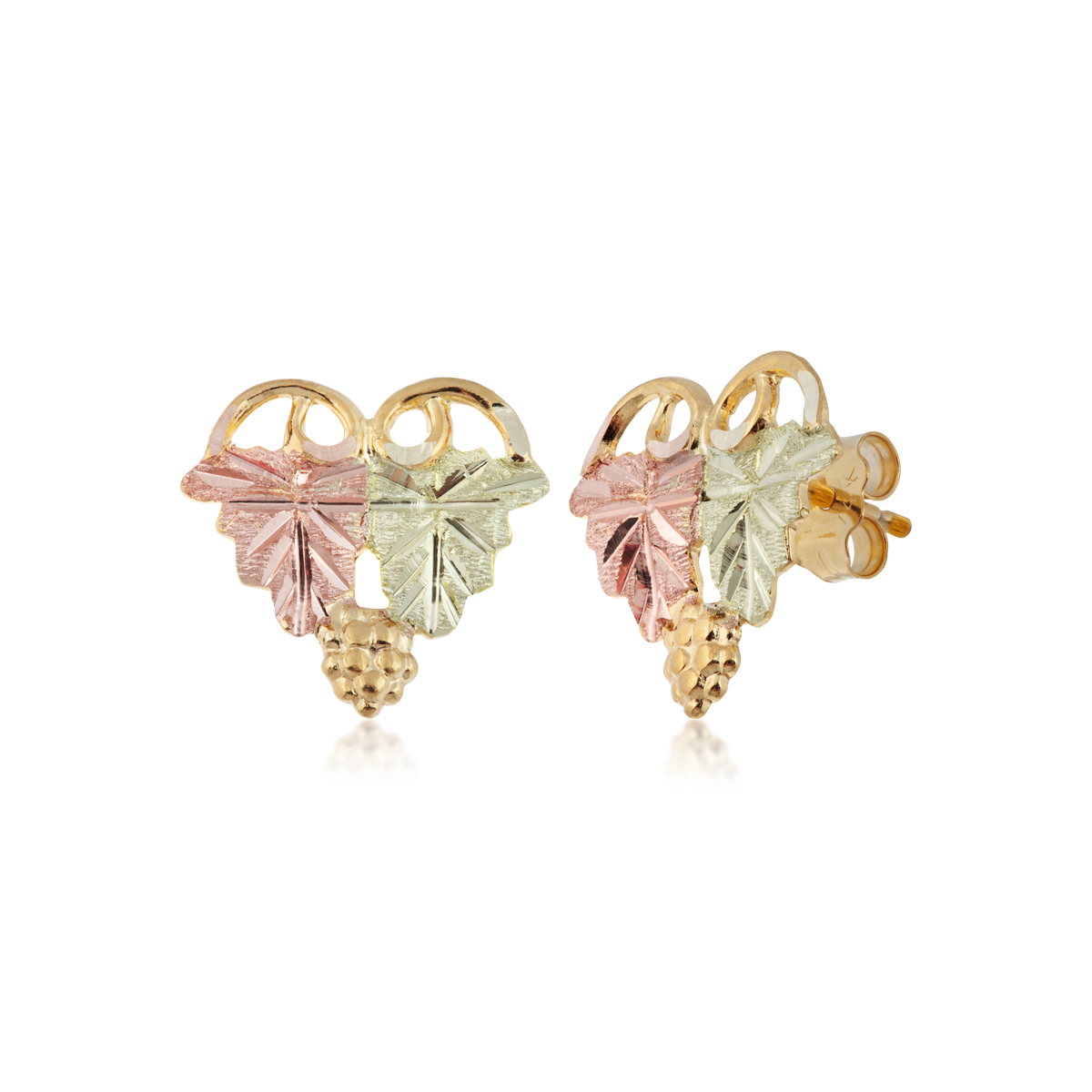 10K yellow gold Black Hills Gold double leaf and grape cluster tapered earrings