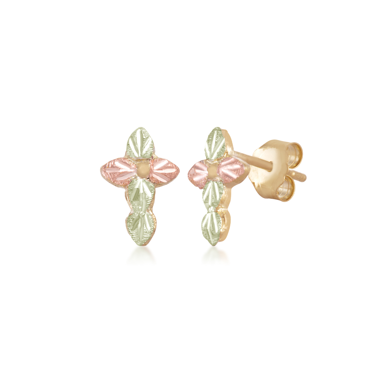 10K yellow gold Black Hills Gold small leaf cross earrings