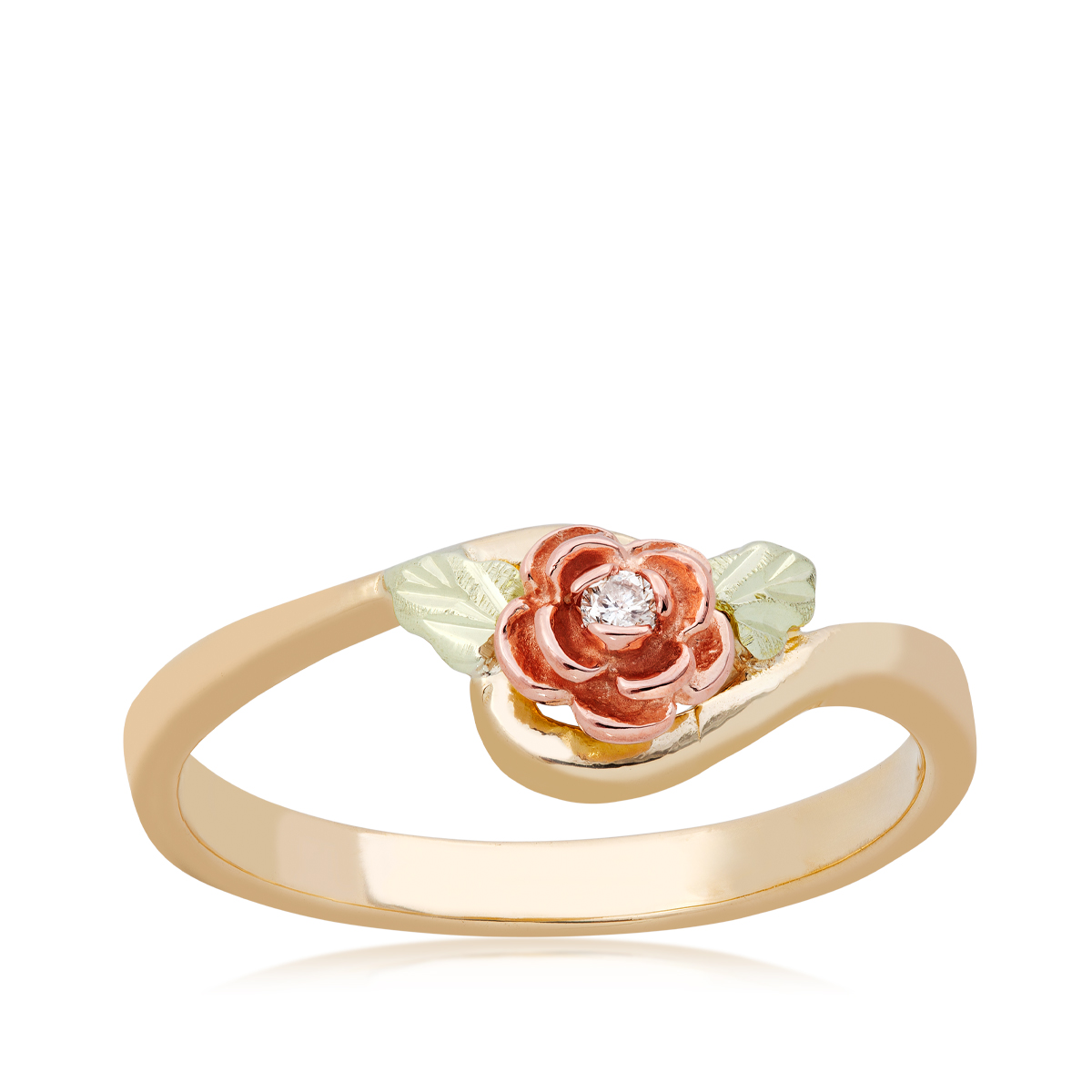 10K Yellow Gold Black Hills Gold Round Diamond Rose & Leaf Bypass Promise Ring