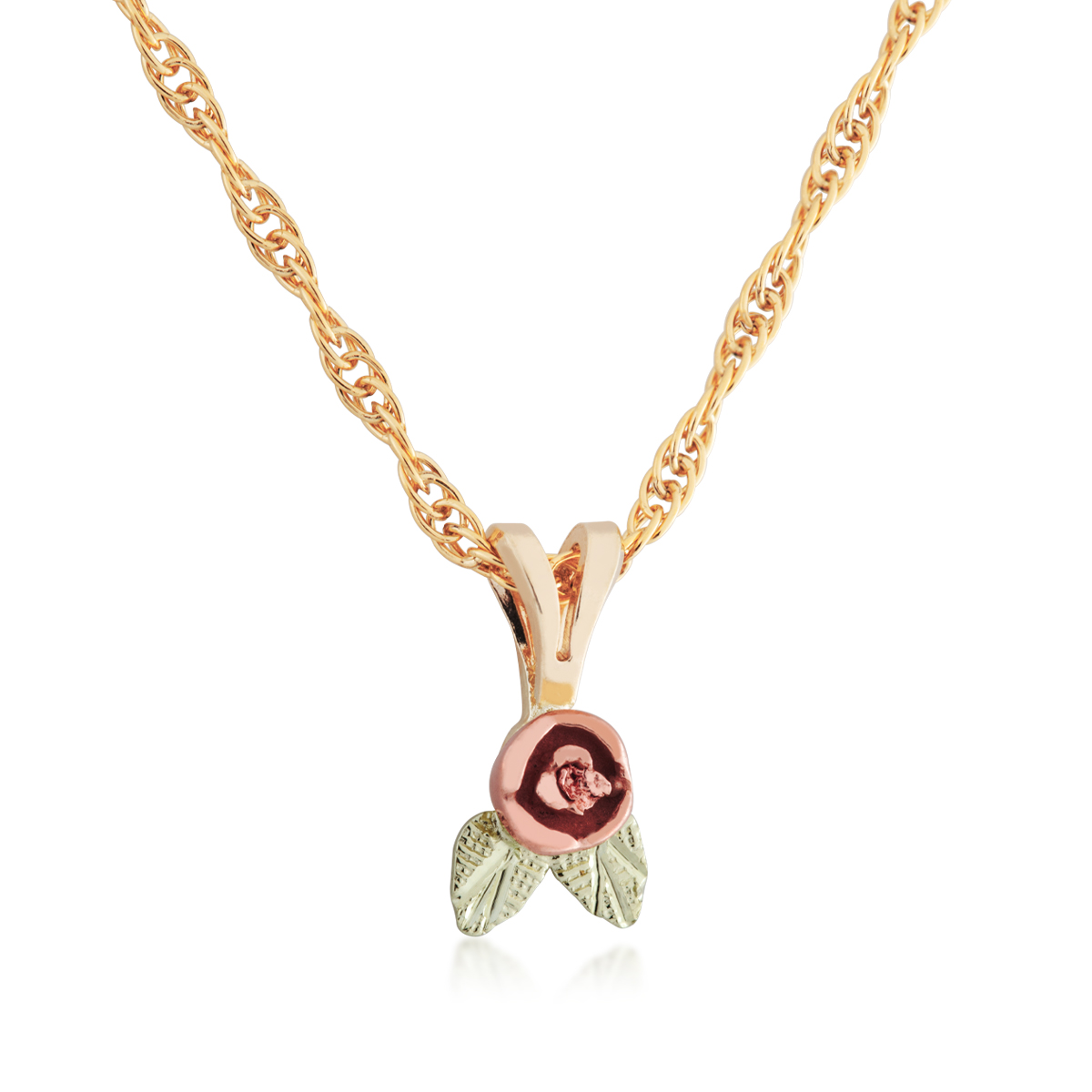 10K yellow and pink gold Black Hills Gold rose and leaf pendant