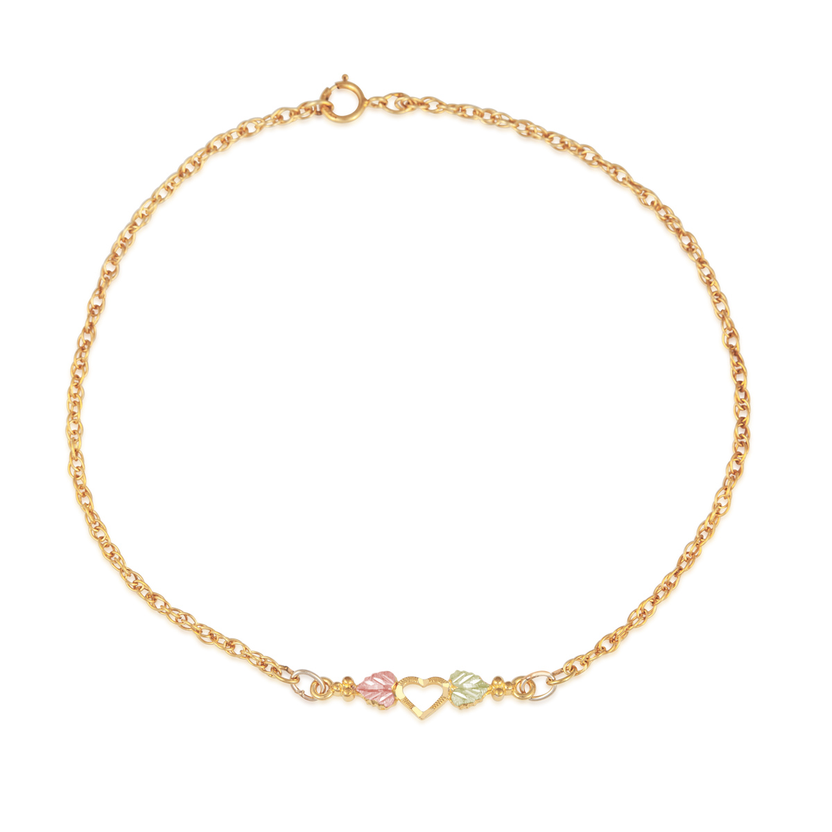 10K yellow gold Black Hills Gold 9" heart and double leaf ankle bracelet