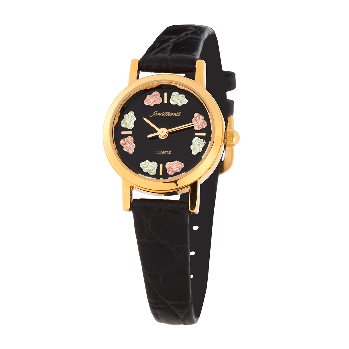 Black Hills Gold ladies' quartz gold tone stainless steel watch with black leaf dial and leather strap