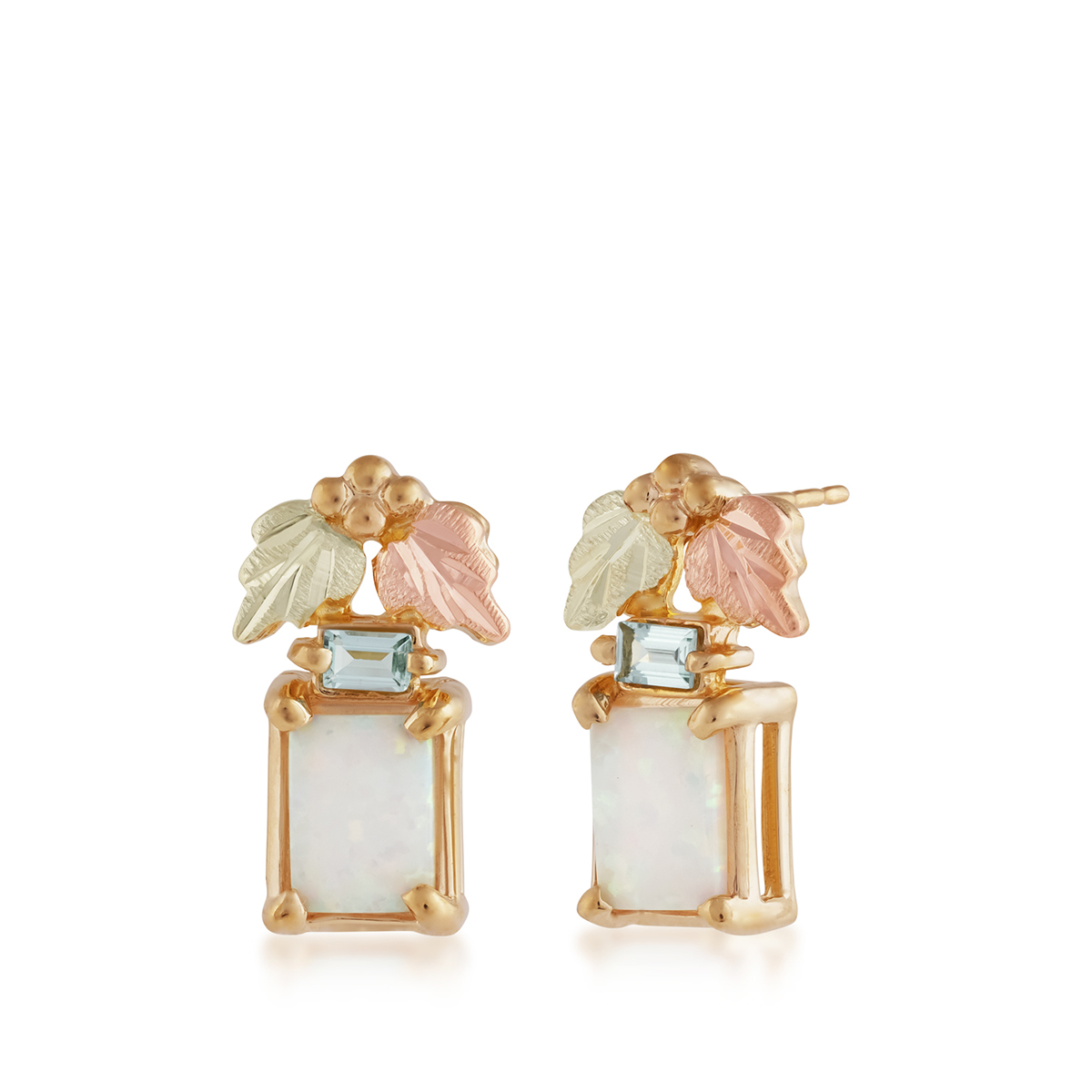 10K yellow gold Black Hills Gold created rectangle opal and genuine Swiss blue topaz earrings