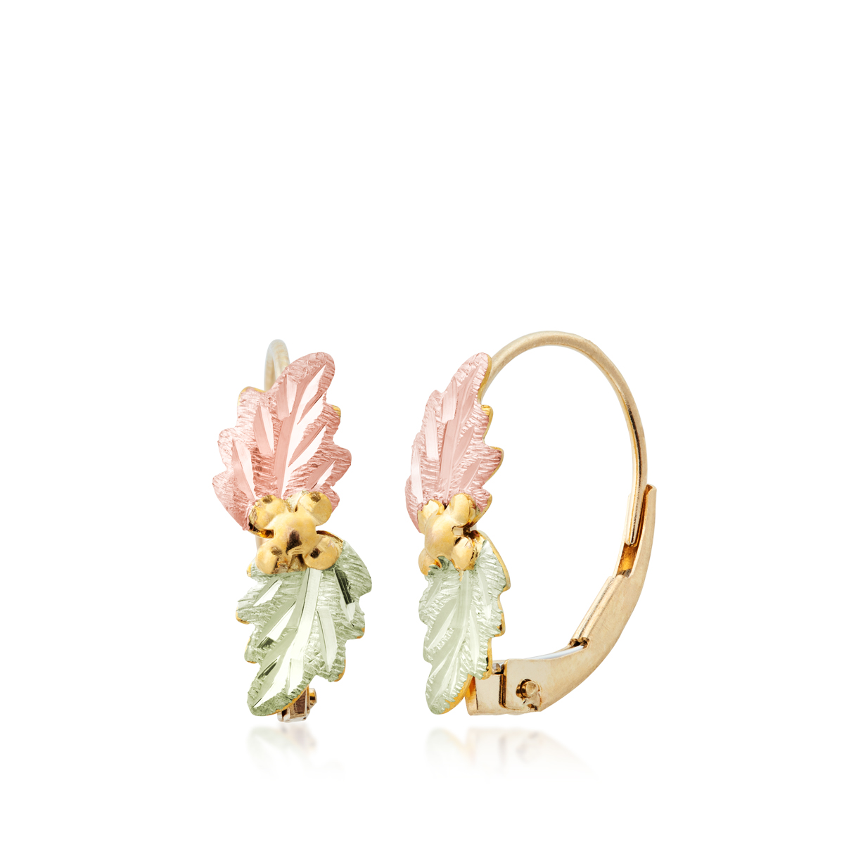 10K yellow gold Black Hills Gold double leaf and grape hoop earrings