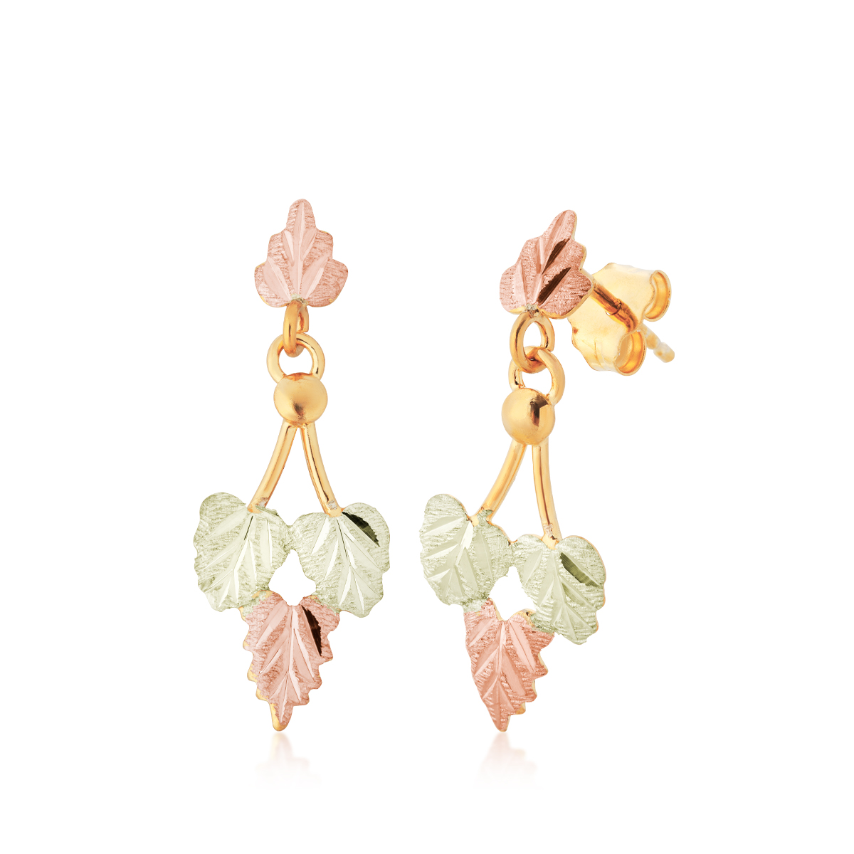 10K yellow gold Black Hills Gold leaf cluster dangle earrings