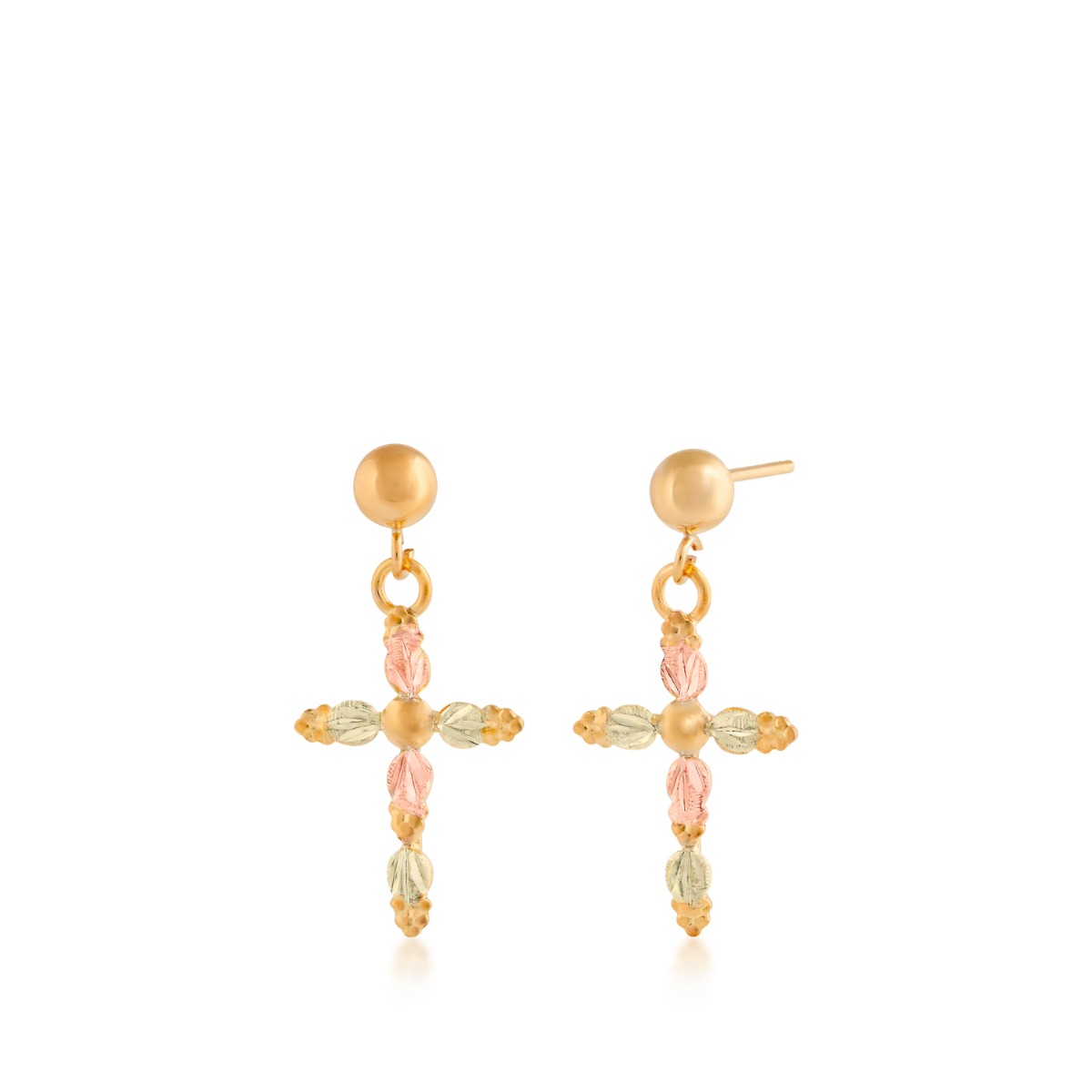 10K yellow gold Black Hills Gold leaf and grape cross dangle earrings