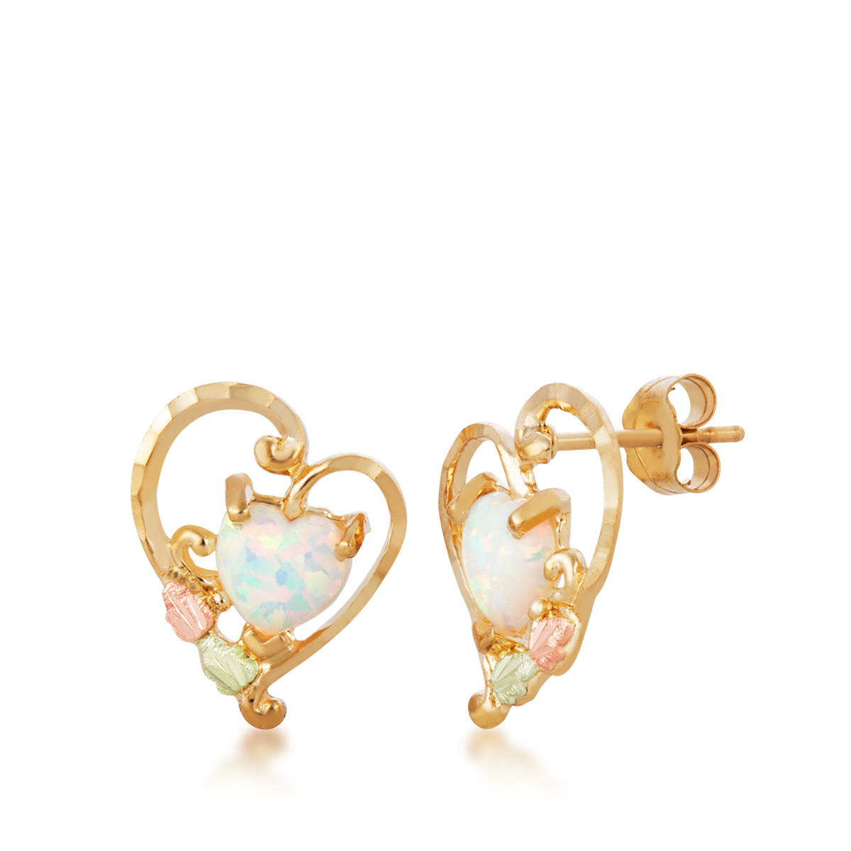 10K yellow gold Black Hills Gold created heart opal double leaf heart earrings