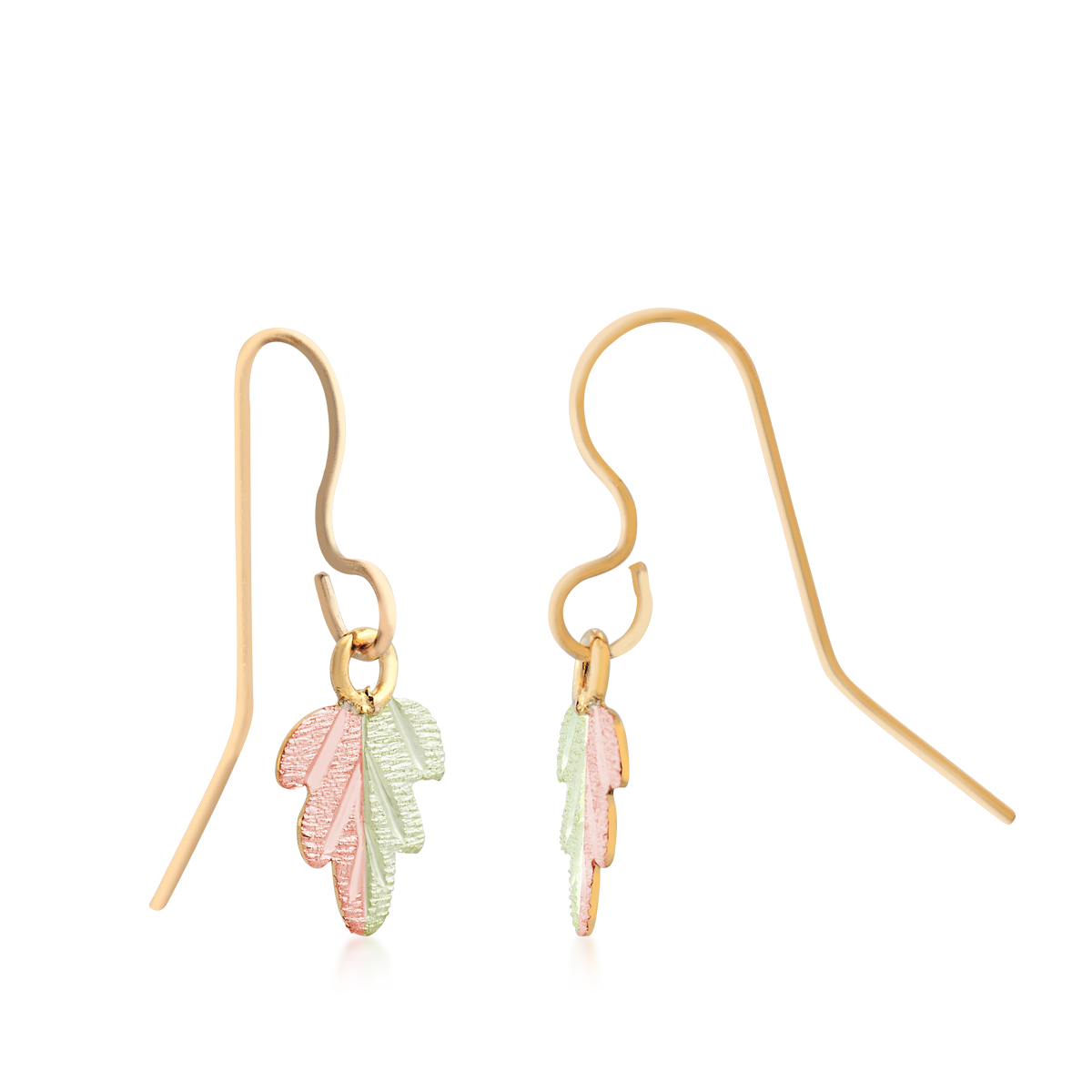 12K pink and green gold Black Hills Gold two-tone leaf dangle earrings