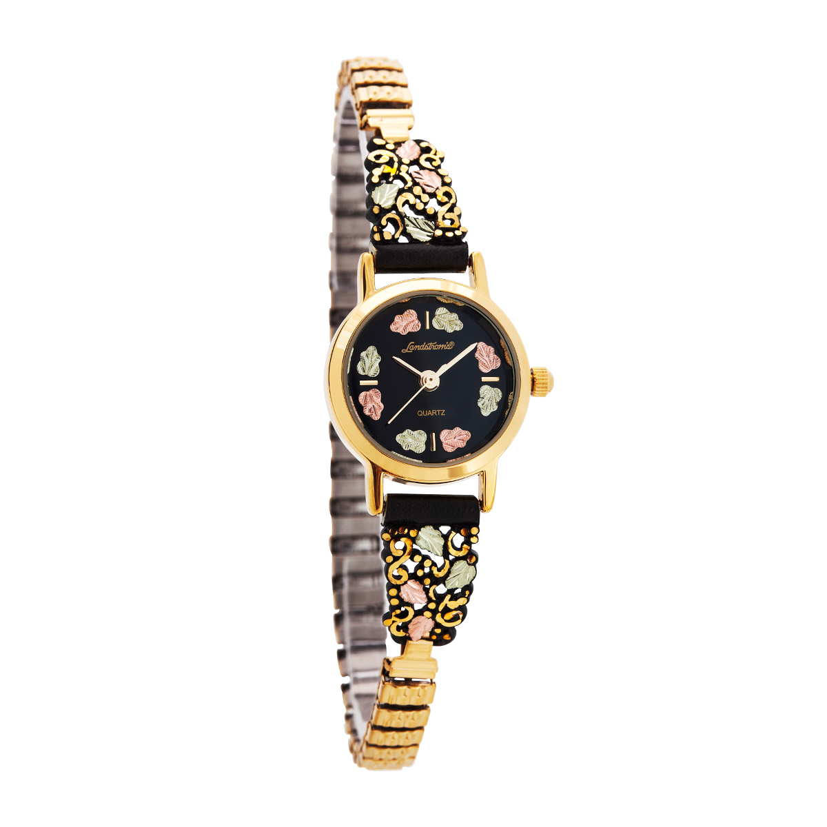 Landstrom's Black Hills Gold Ladies' Quartz Gold-Tone Stainless Steel Watch with Black Dial & Vine Powder Coated Expansion Band