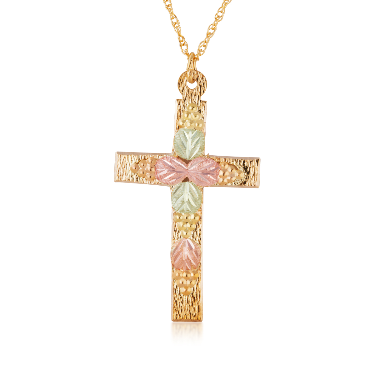 Landstrom's Black Hills Gold Leaf & Grape Cluster Textured Cross Pendant in 10K Yellow Gold