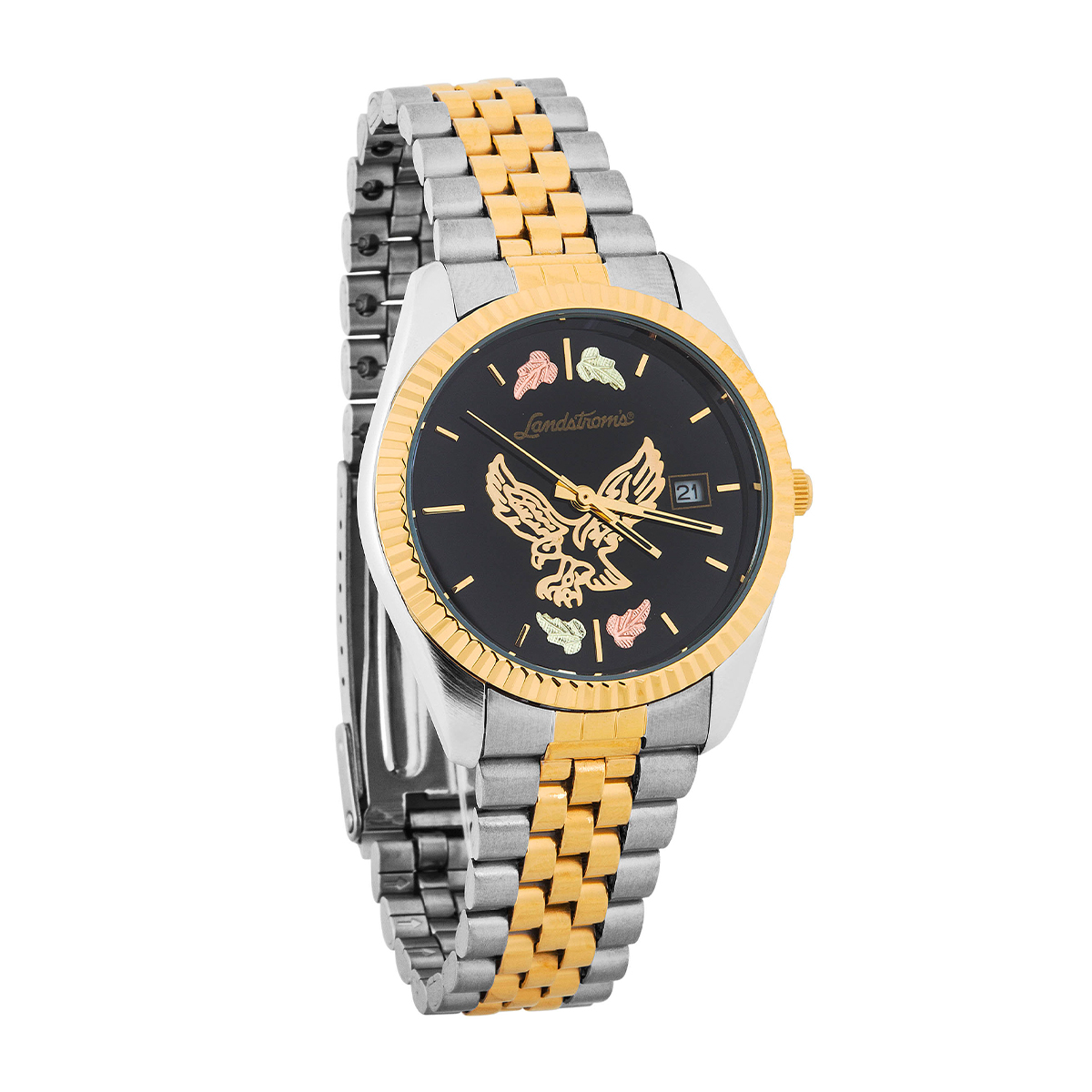 Black Hills Gold men's quartz white and gold tone stainless steel watch with eagle black dial