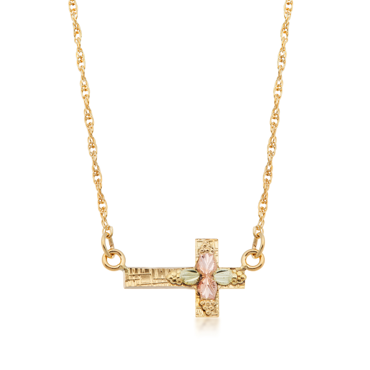 10K yellow gold Black Hills Gold textured sideways gross necklace