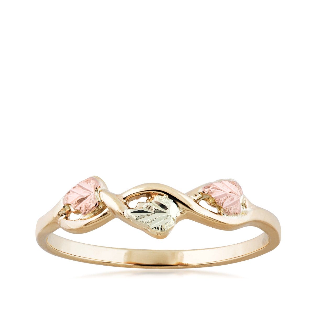 yellow gold braided ring with pink and green gold leaves