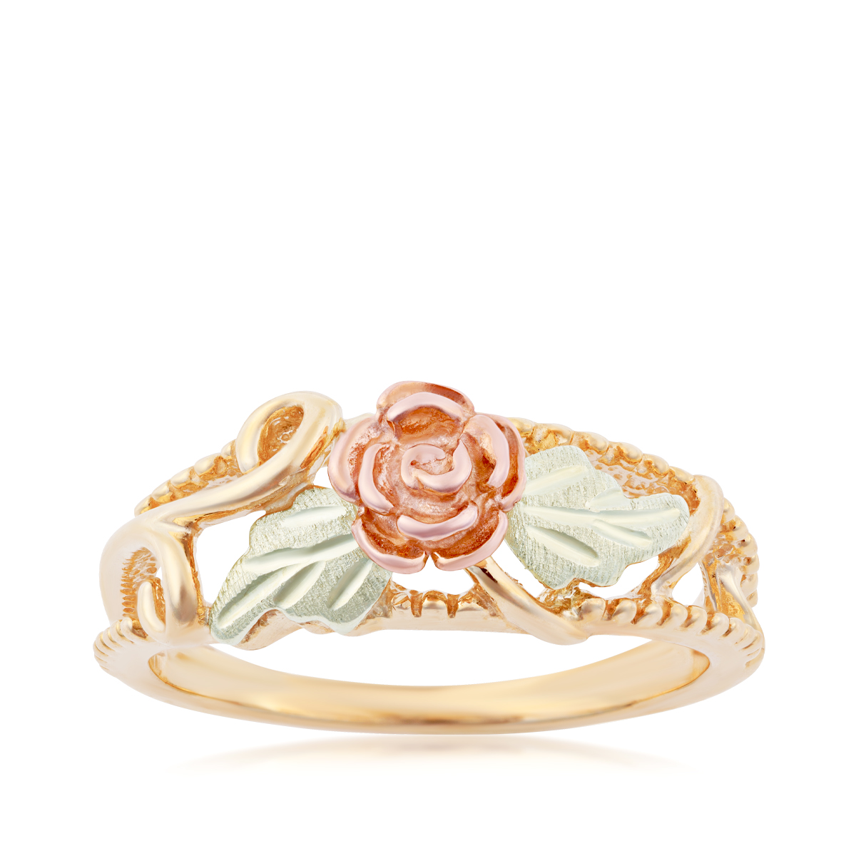 10K yellow gold Black Hills Gold milgrain rose and leaf ring