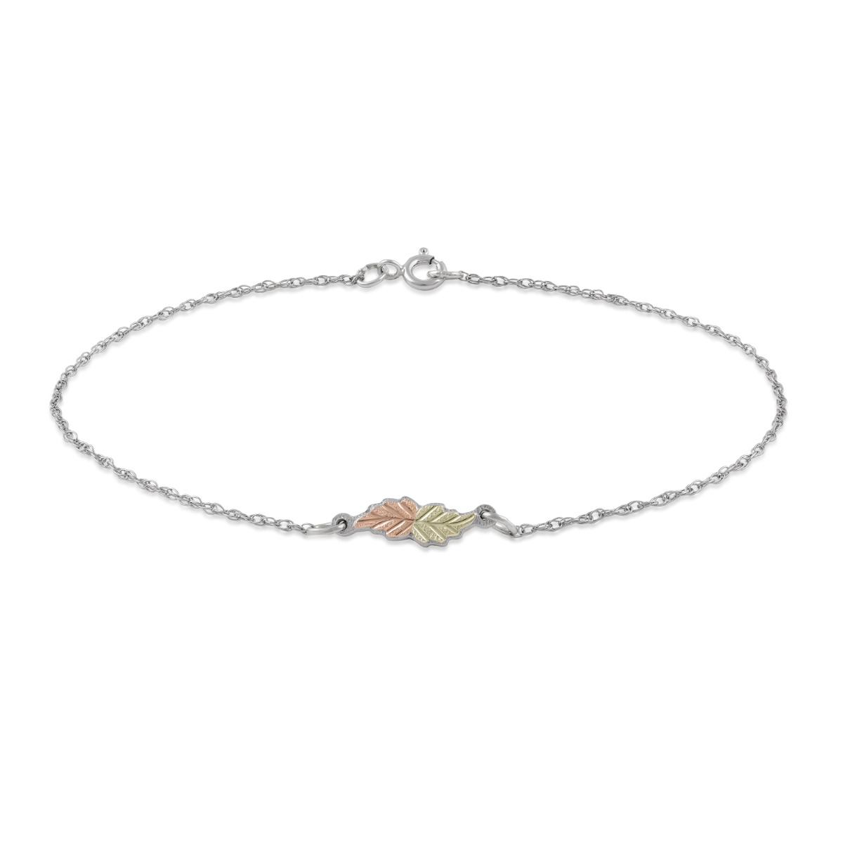 sterling silver Black Hills Gold pink and green leaf ankle bracelet
