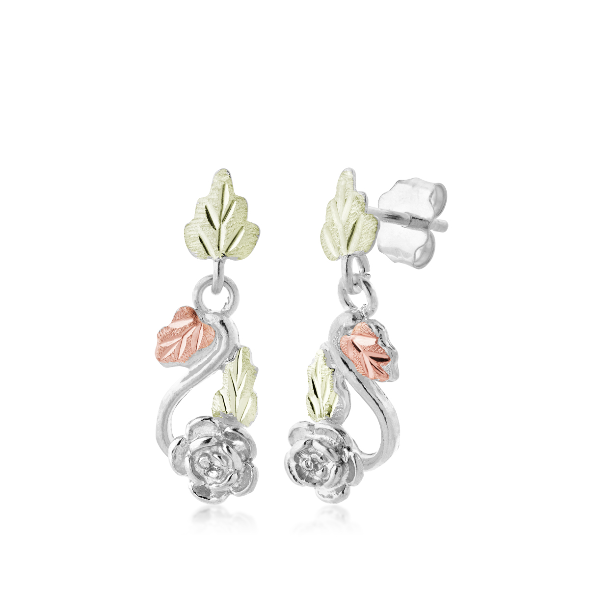 Landstrom's Black Hills Gold Hanging Rose Dangle Earrings in Sterling Silver