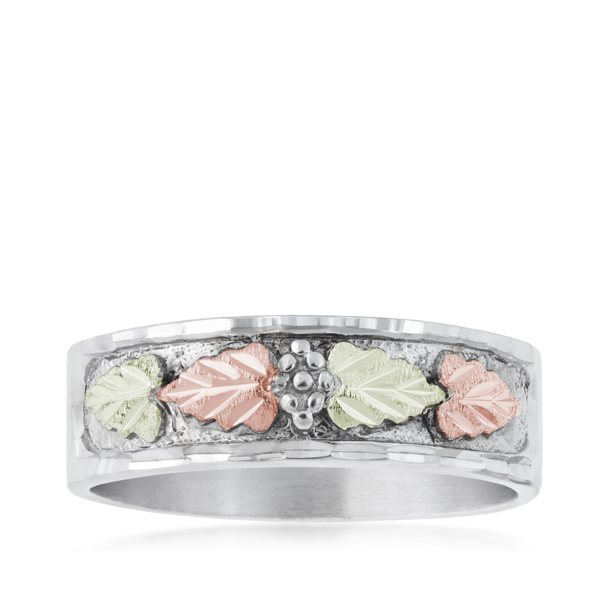 Landstrom's Black Hills Gold Men's Four Leaf Diamond Cut Wedding Ring in Sterling Silver