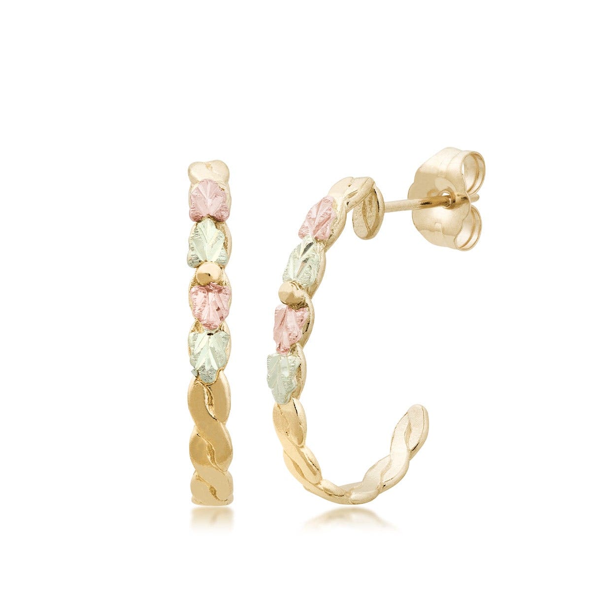 Mt. Rushmore Black Hills Gold Pink & Green Leaf Twist J Hoop Earrings in 10K Yellow Gold