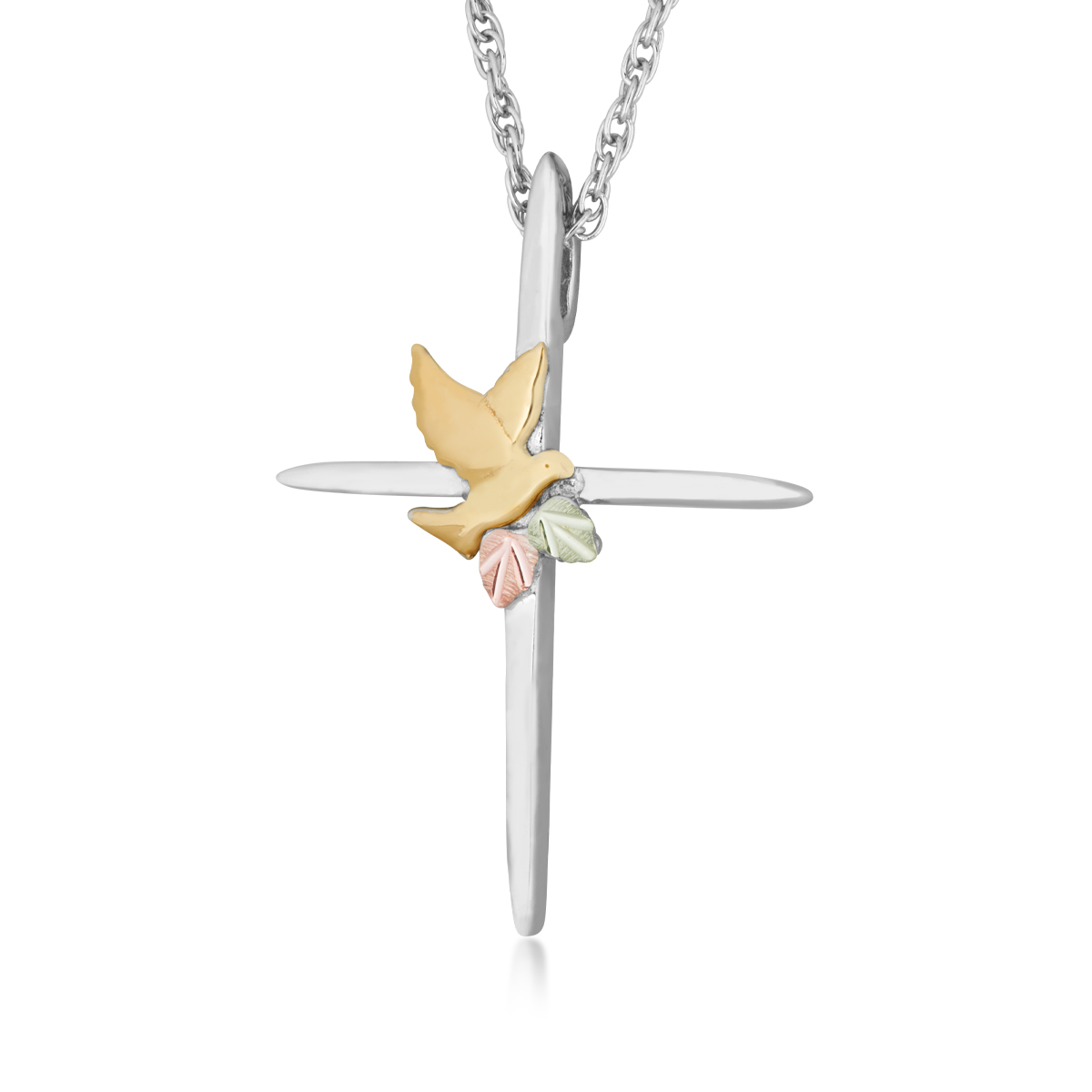 Landstrom's Black Hills Gold Thin Cross & Dove Pendant in Sterling Silver & 10K Yellow Gold