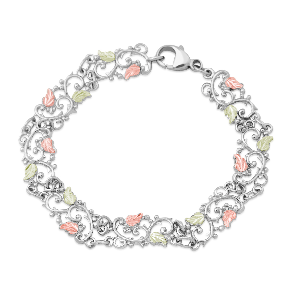 Landstrom's Black Hills Gold Filigree Leaf Double Link Bracelet in Sterling Silver