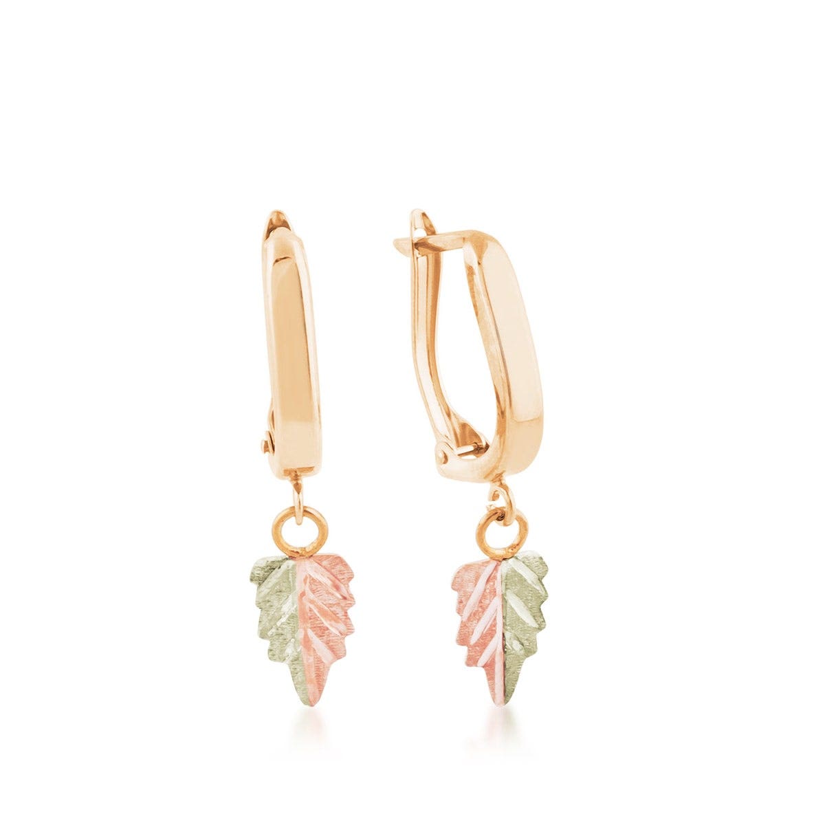 Yellow gold dangle earrings with two-tone pink and green gold leaf charm