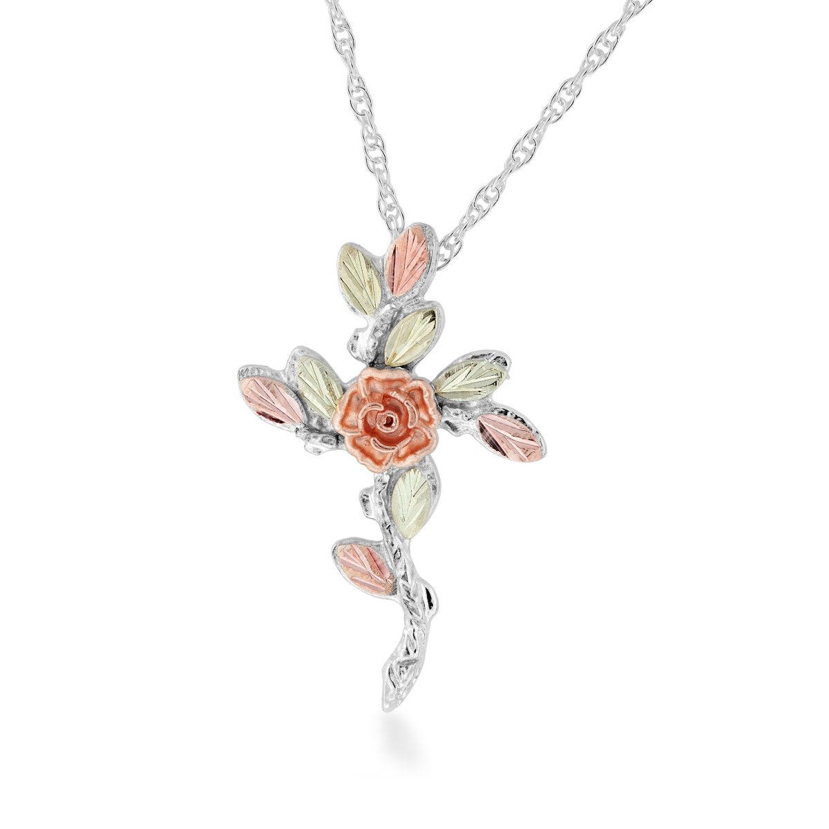 sterling silver rose cross pendant with pink and green gold leaves