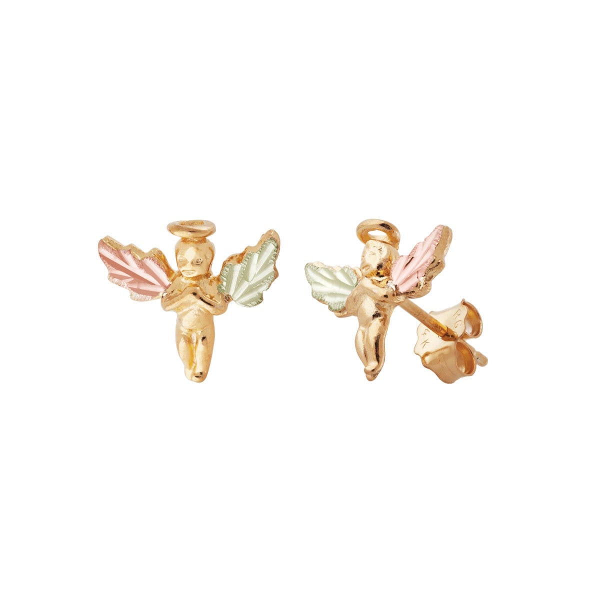 10K yellow gold Black Hills Gold guardian angel earrings with leaf wings