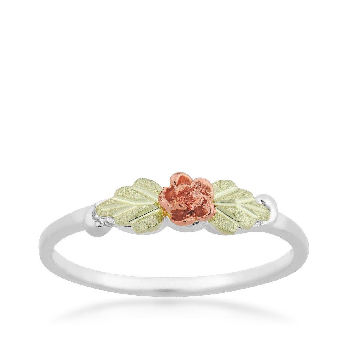 sterling silver ring with pink gold rose and green gold leaves