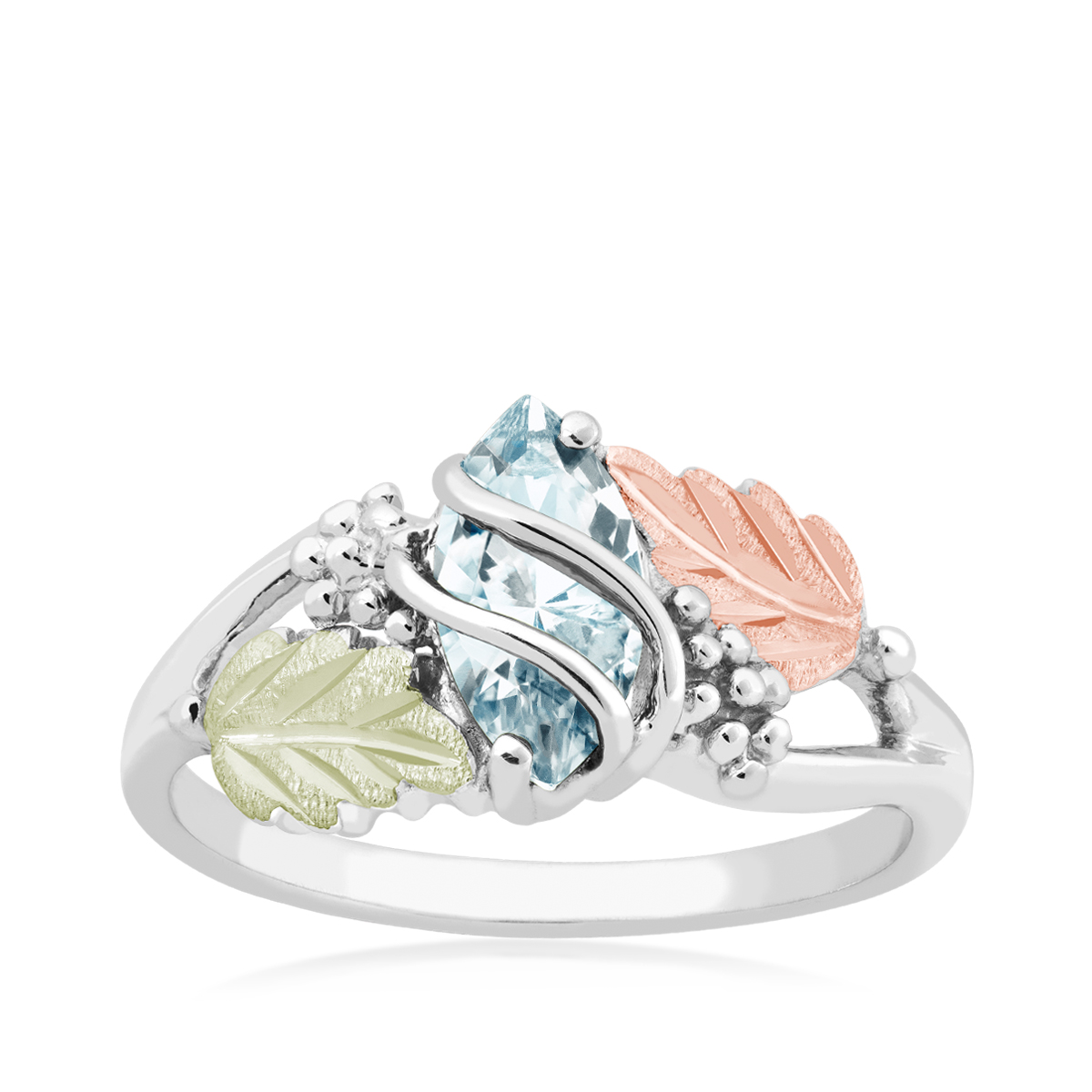 sterling silver Black Hills Gold synthetic aquamarine grapevine ring