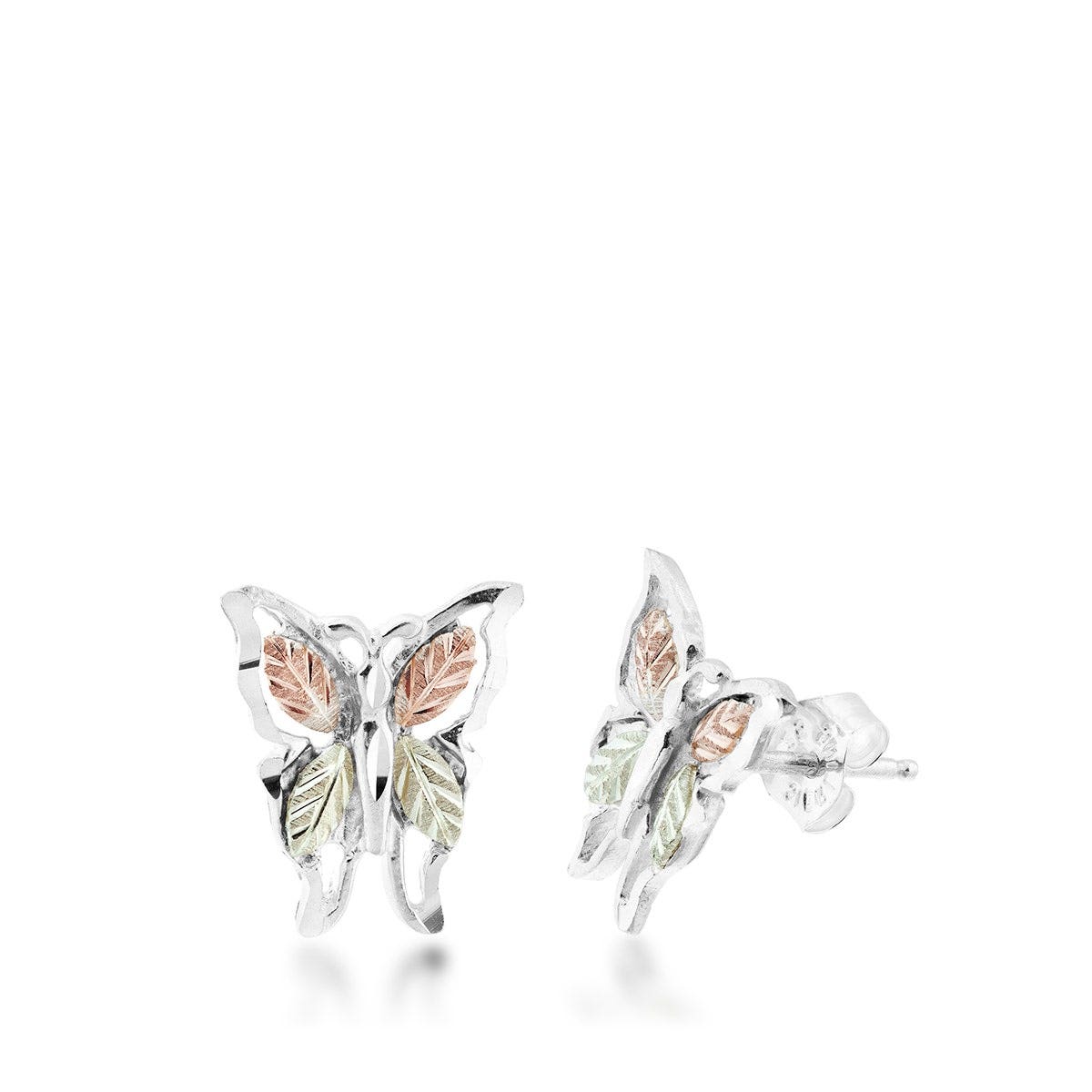 sterling silver butterfly earrings with pink and green gold leaf wings