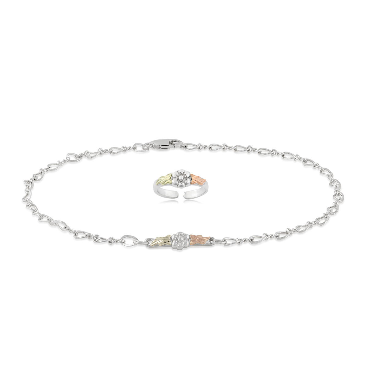 sterling silver Black Hills Gold flower toe ring and ankle bracelet set