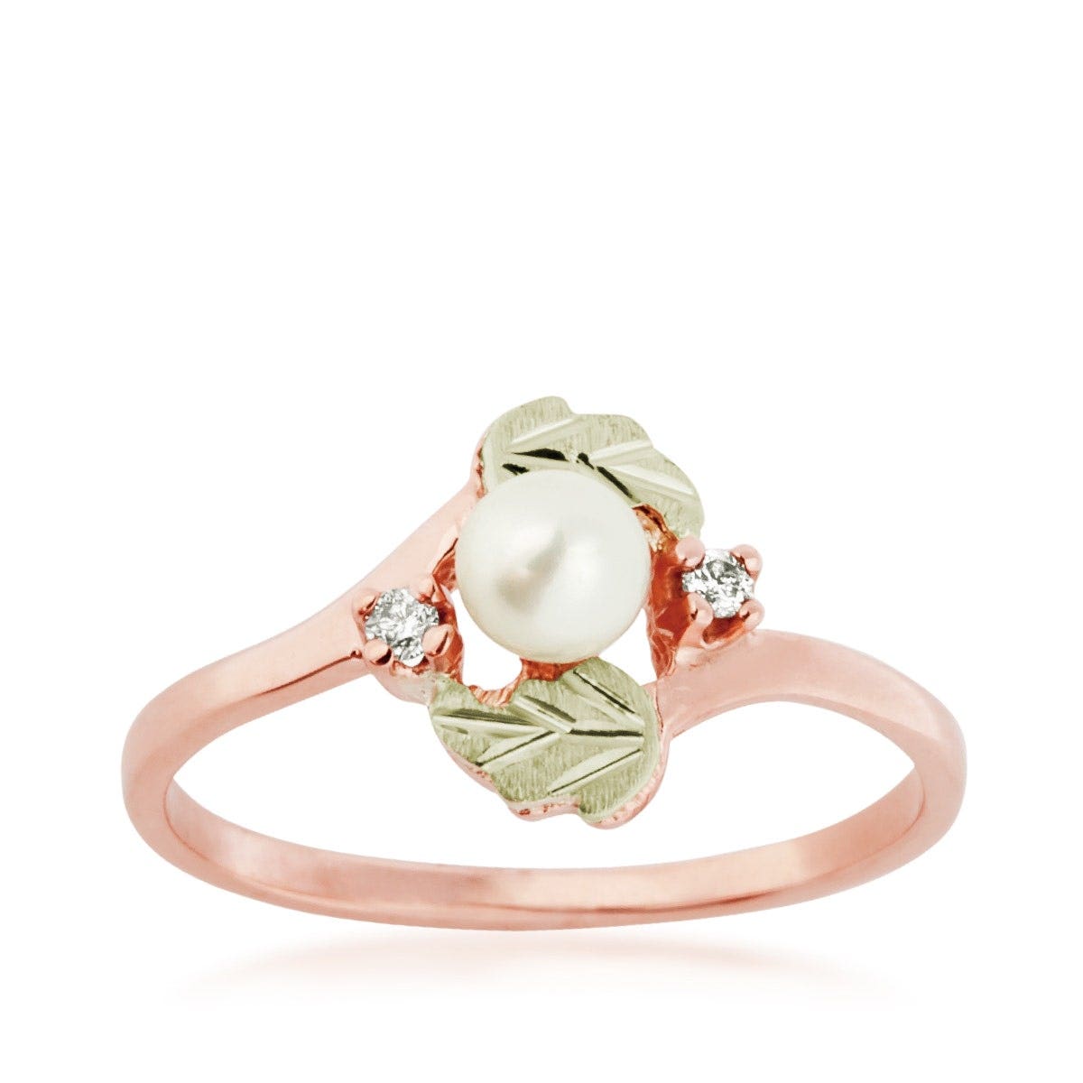 Pearl and diamond ring in pink gold with two green gold leaves