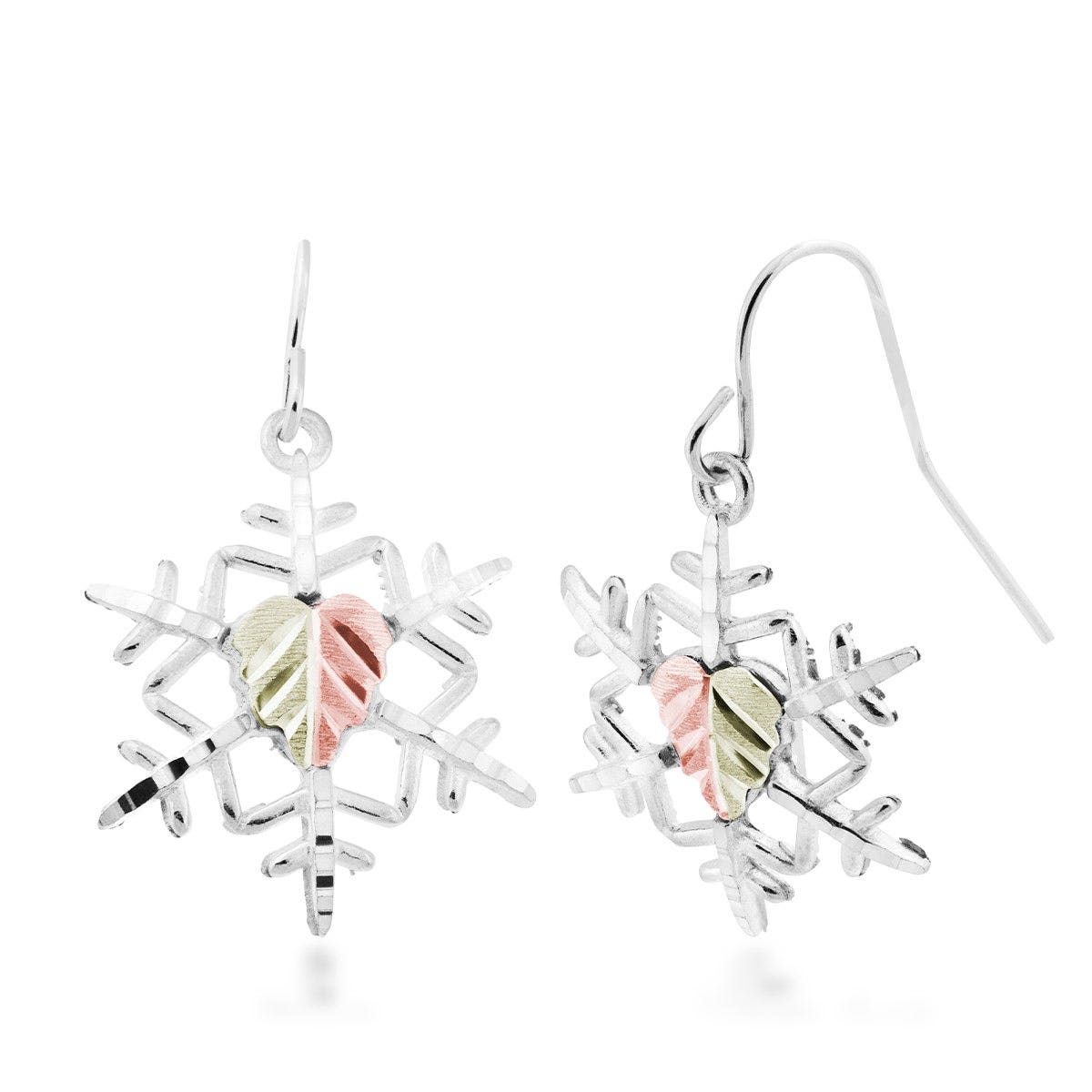 sterling silver diamond cut snowflake dangle earrings with pink and green gold leaf in the center