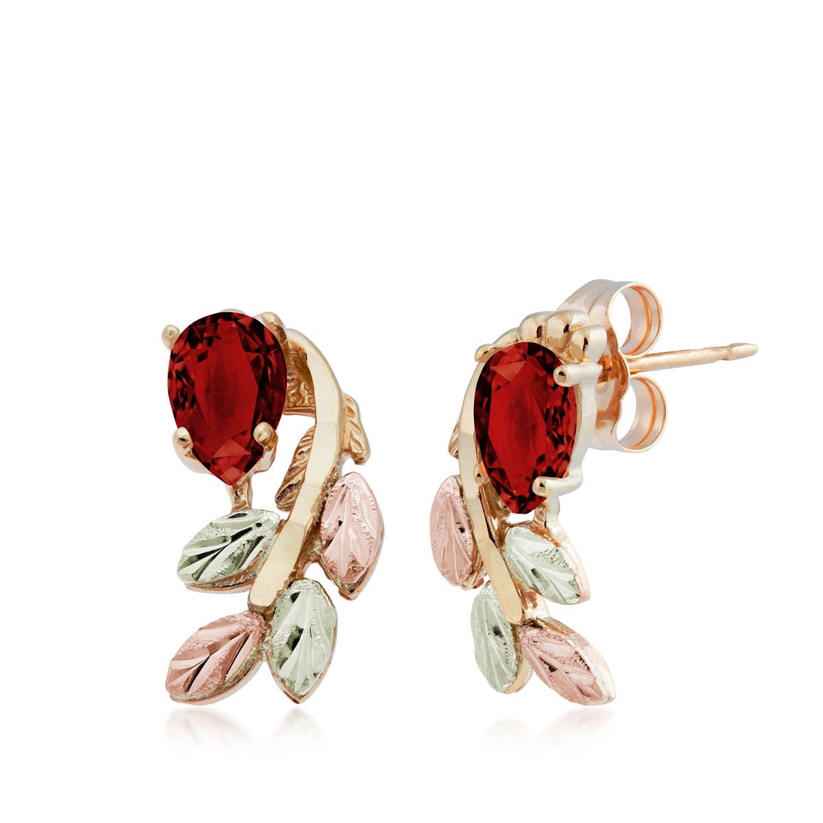 Black Hills Gold pear garnet and leaf branch earrings in 10k yellow gold