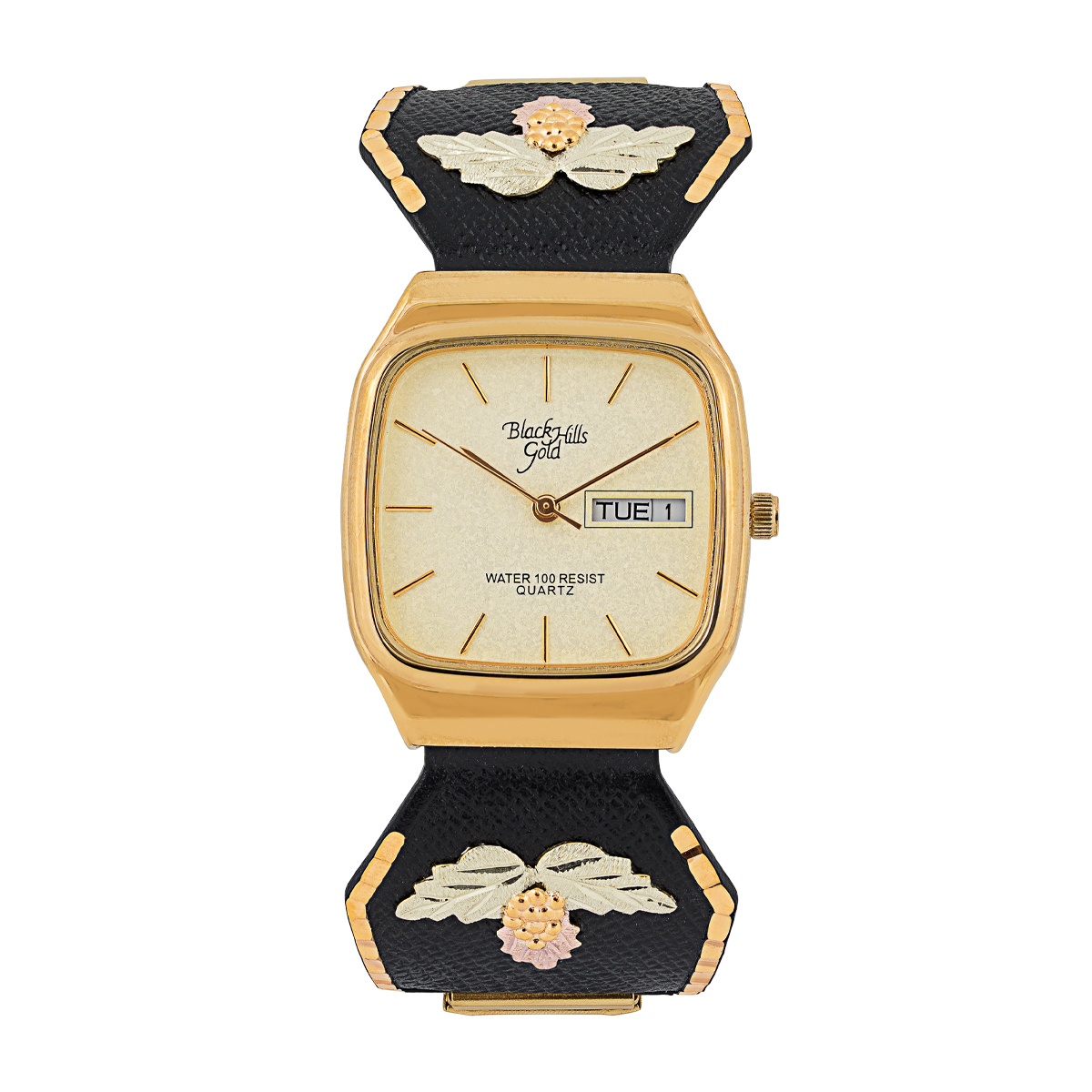 Mt. Rushmore Black Hills Gold Men's Quartz Gold-Tone Stainless Steel Watch with Square Champagne Dial & Black Powder Coated Band