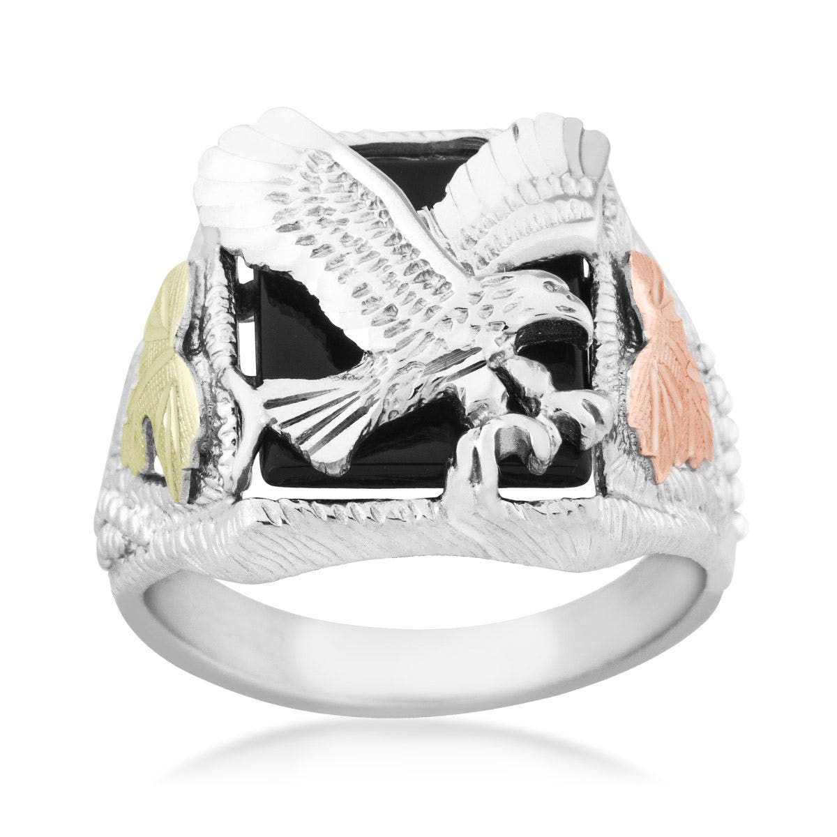 Mt. Rushmore Black Hills Gold Men's Rectangle Onyx Eagle Ring in Sterling Silver