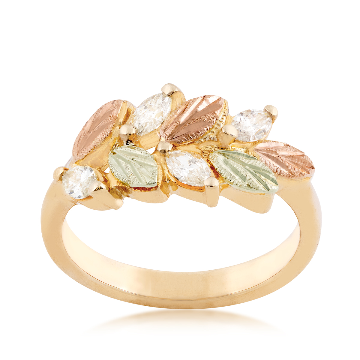 10K yellow gold Black Hills Gold 3/8 ct. tw. marquise diamond and leaf anniversary ring