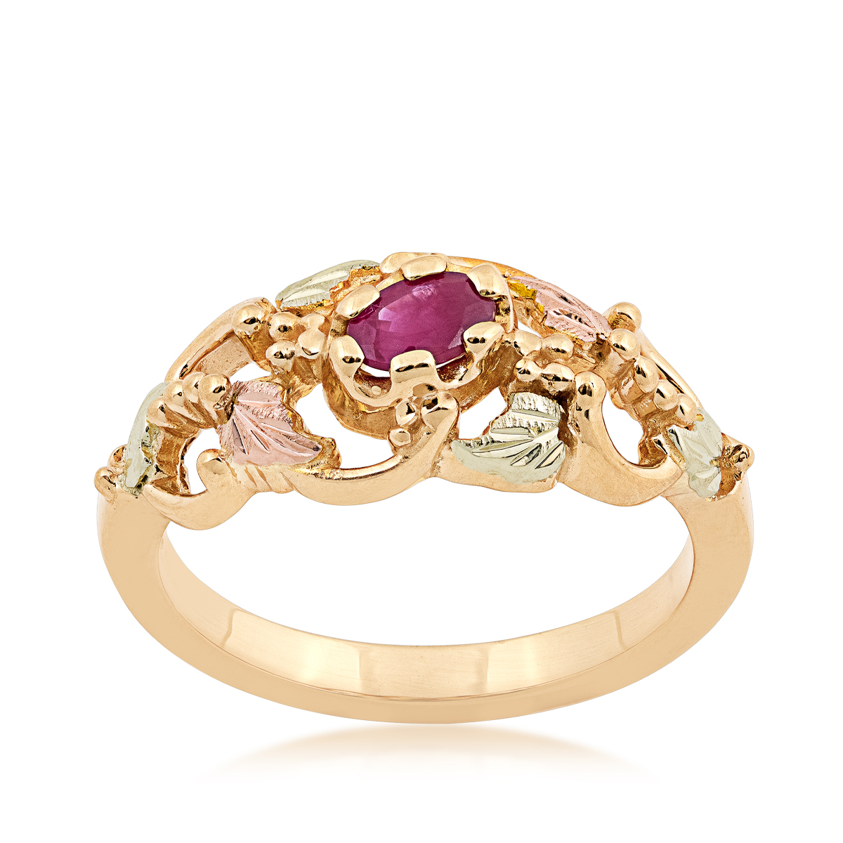 10K yellow gold Black Hills Gold oval ruby grapevine and leaf open ring