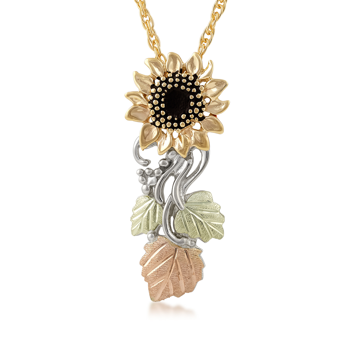 Mt. Rushmore Black Hills Gold Sunflower & Hanging Leaf Pendant in 10K Yellow & White Gold