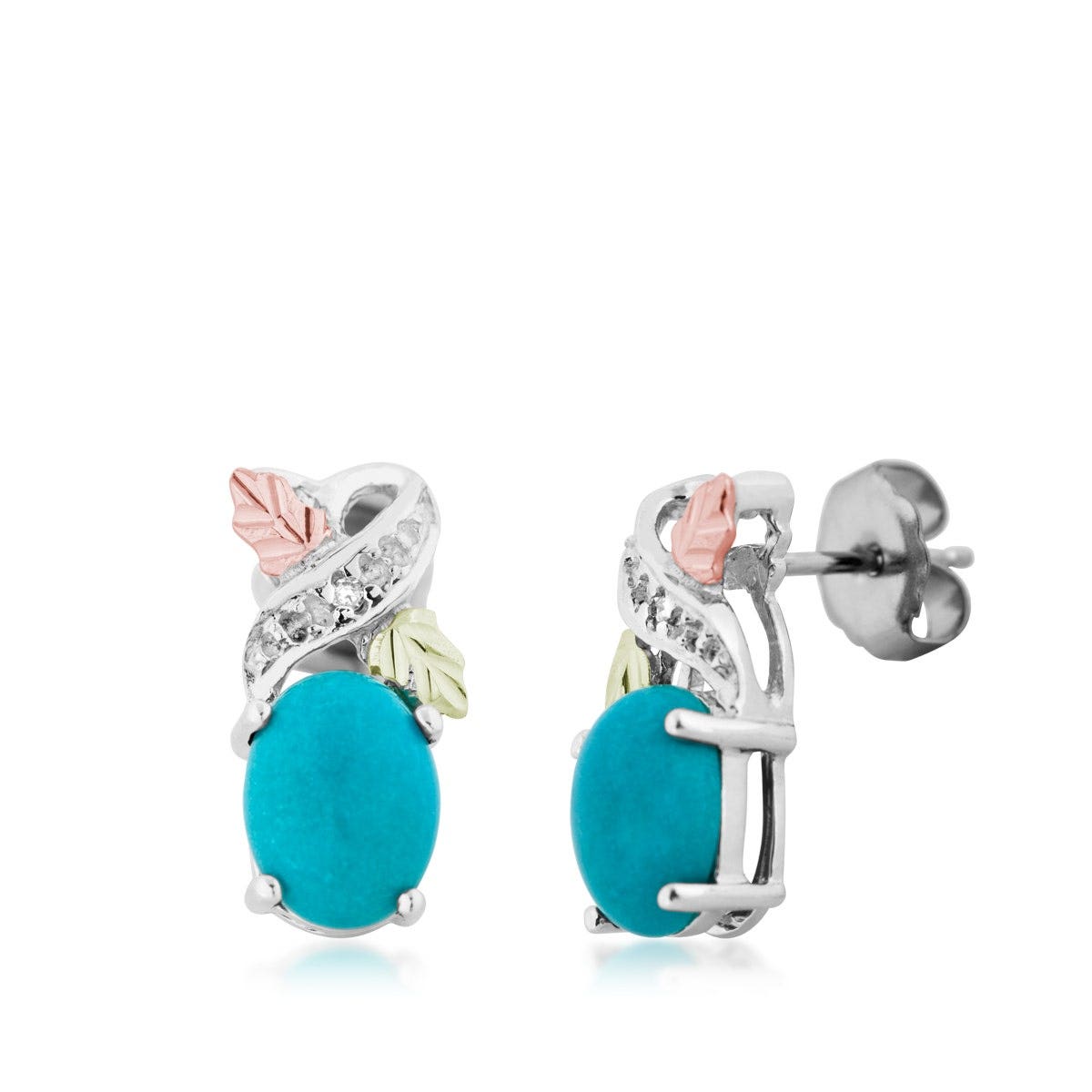 sterling silver Black Hills Gold oval turquoise and diamond earrings