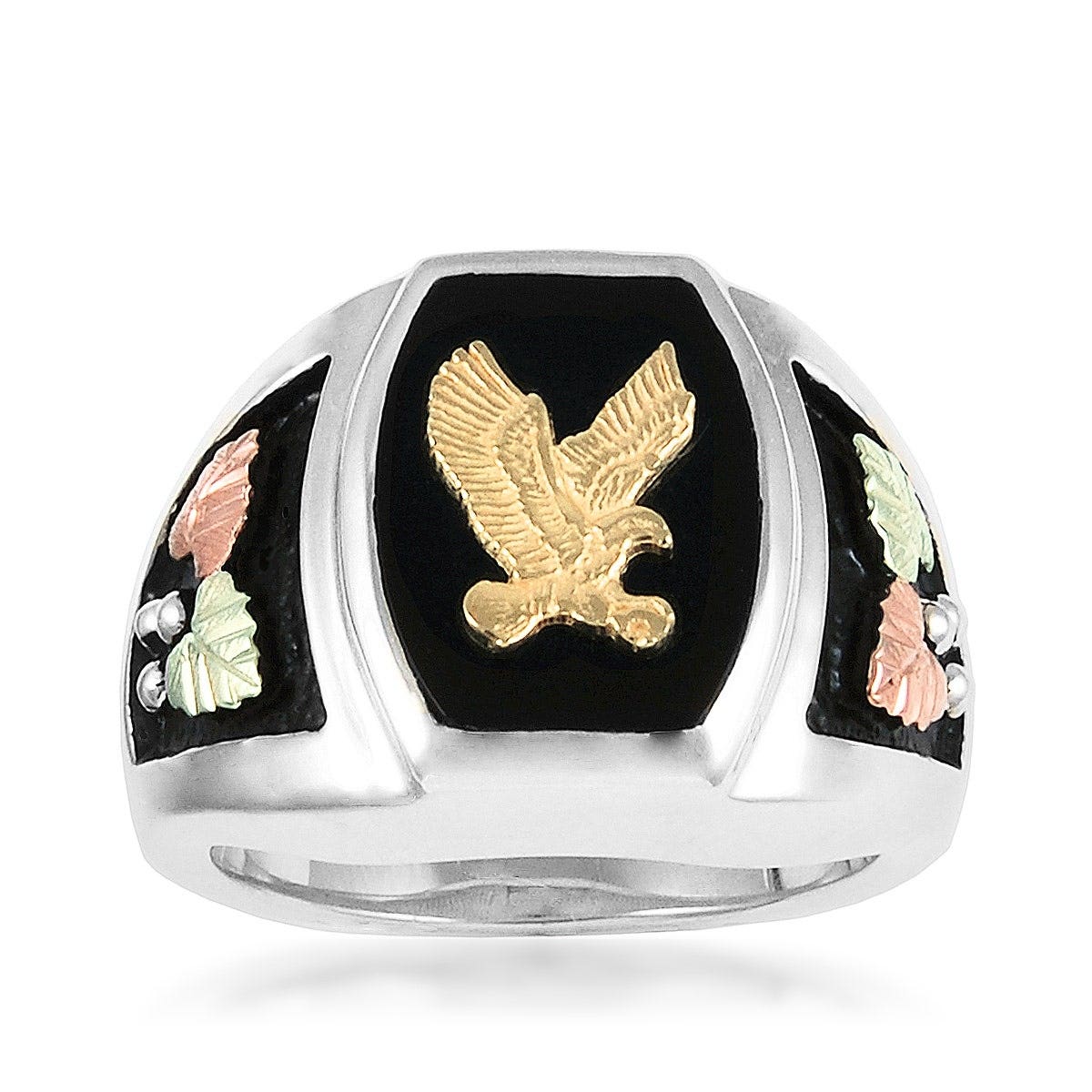 sterling silver onyx ring with overlaid gold eagle and pink and green gold leaves