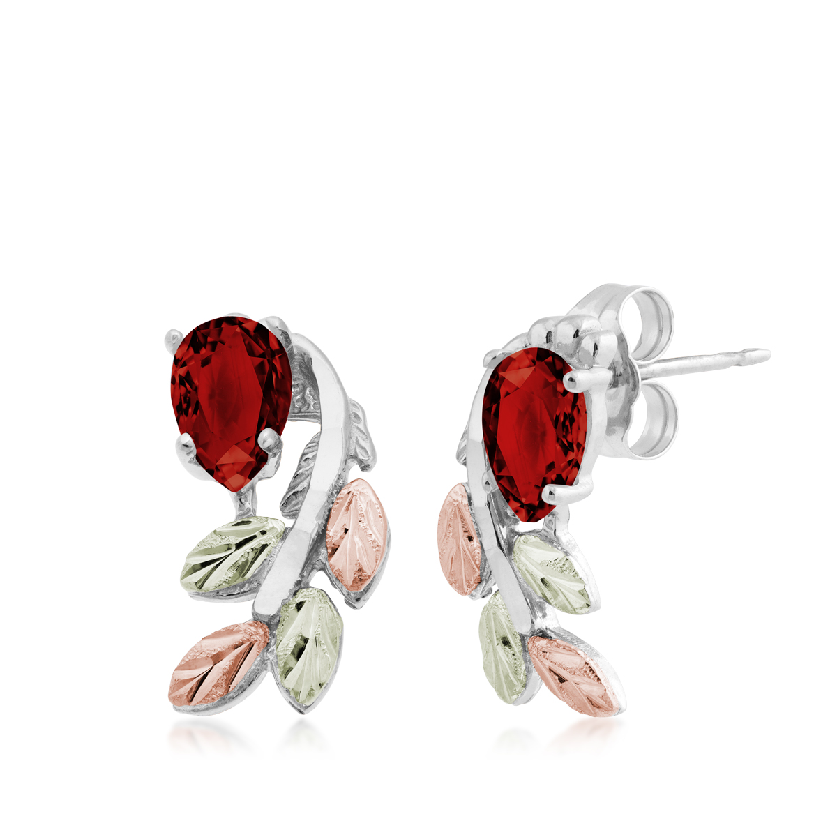 sterling silver Black Hills Gold pear garnet and leaf branch earrings